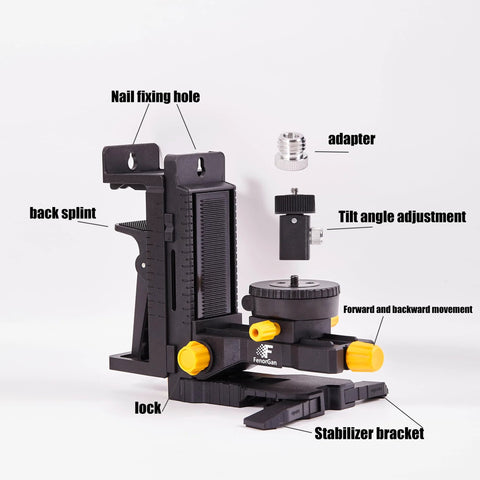 Laser Level Accessory Kit With 360 Degree Magnetic Rotating Base Tilt And Adjustable Positioning Upgraded Stability Bracket Five Eighth Inch Threaded Interface And Flexible Clamp For Precision Alignment In Construction FenorGan with labeled components including adapter and tilt angle adjustment.