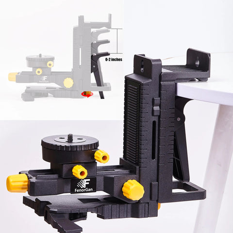 Laser Level Accessory Kit With 360 Degree Magnetic Rotating Base Tilt And Adjustable Positioning Upgraded Stability Bracket Five Eighth Inch Threaded Interface And Flexible Clamp For Precision Alignment In Construction FenorGan showing close-up of black and yellow magnetic base and clamp mounted on a table edge.
