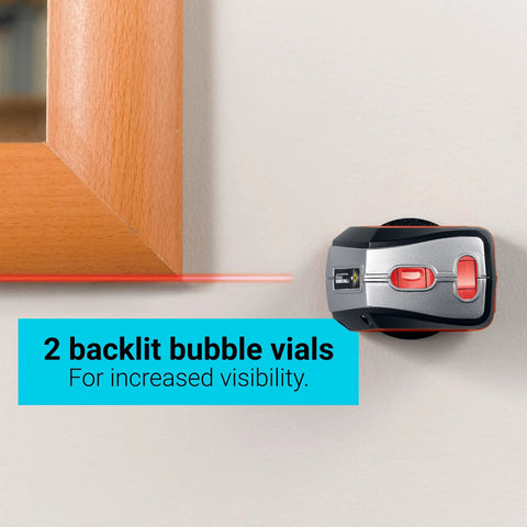 Effortlessly align pictures, shelves, and mirrors with this self-leveling 360-degree laser level and wall mount in use on wall.
