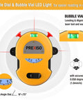 Multi Surface Laser Level With LED Readouts For 30 Ft Range Horizontal And Vertical Line Projection Wall Mount Base Two Pins Included Batteries And Stickers Ideal For Hanging Frames Shelves Tile Layouts And Precise Wall Marking, featuring bubble vials and angle dial