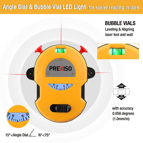 Multi Surface Laser Level With LED Readouts For 30 Ft Range Horizontal And Vertical Line Projection Wall Mount Base Two Pins Included Batteries And Stickers Ideal For Hanging Frames Shelves Tile Layouts And Precise Wall Marking, featuring bubble vials and angle dial