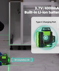 Achieve precise indoor and outdoor alignment with a 360° self-leveling laser level kit shown in use under a cabinet.
