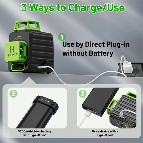 Laser Level 360 Self Leveling With Rechargeable Battery 3x360 Degree Green Laser for charging via direct plug-in method