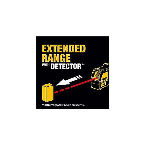 Compact Self Leveling Red Cross Line Laser Delivers Fast, Precise Layout For Walls, Cabinets, Tile, And Fixtures With A 165 Ft Range Using A Detector, IP54 Protection, And 1/8 In Accuracy At 30 Ft For Reliable Performance On Busy Construction Sites image showing extended range with detector diagram.