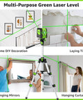 Multi-purpose green laser level used for picture hanging, tile work, mirror and curtain installation