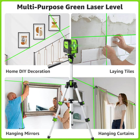 Multi-purpose green laser level used for picture hanging, tile work, mirror and curtain installation