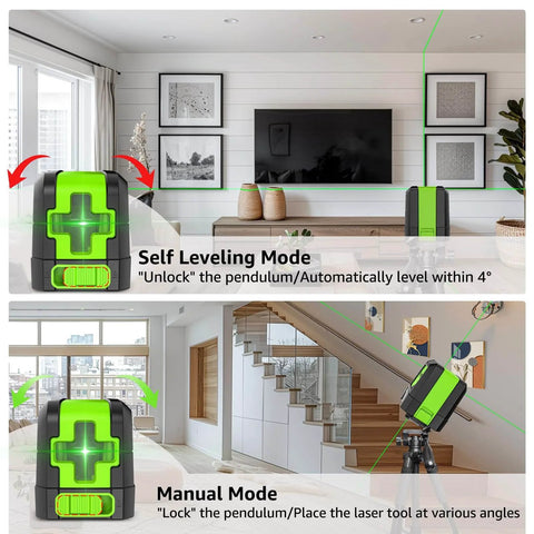 Laser Level, 100Ft Self Leveling Green Cross Line Laser for Picture Hanging shown in living room and staircase settings