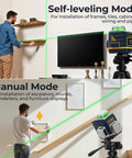 Man using Laser Level Self Leveling 3x360 Degree Green Cross Line For Construction And Picture Hanging; lines projected on walls
