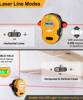Multi Surface Laser Level With LED Readouts For 30 Ft Range on wall showing horizontal and vertical line modes, bubble vial detail