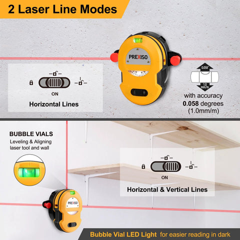 Multi Surface Laser Level With LED Readouts For 30 Ft Range on wall showing horizontal and vertical line modes, bubble vial detail