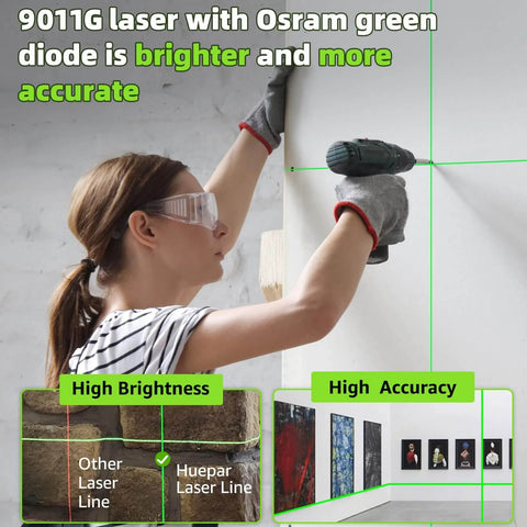 Person using Laser Level, 100Ft Self Leveling Green Cross Line Laser for Picture Hanging, DIY indoor project with 360° magnetic base