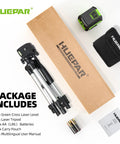 Laser Level With Tripod Kit Self Leveling 98Ft Bright Green Cross Line For Precise Picture Hanging Tile Alignment And Home Renovation Indoor Projects Includes Carrying Bag And Battery, shown with tripod, batteries, and manual.