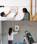 People using Laser Level Line Tool to hang pictures with precise alignment, showing horizontal and vertical beams by AikTryee