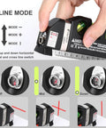 Person using AikTryee Laser Level Line Tool with 3-line mode feature, showing cross line and metric ruler for precision alignment.