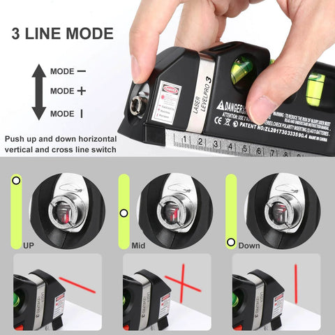 Person using AikTryee Laser Level Line Tool with 3-line mode feature, showing cross line and metric ruler for precision alignment.