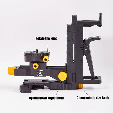 Laser Level Accessory Kit With 360 Degree Magnetic Rotating Base Tilt And Adjustable Positioning Upgraded Stability Bracket Five Eighth Inch Threaded Interface And Flexible Clamp For Precision Alignment In Construction FenorGan shown from side view with adjustment knobs.