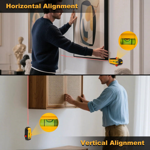 Compact 2-in-1 Line Laser Level With Magnetic Stud Finder used for horizontal and vertical alignment on walls
