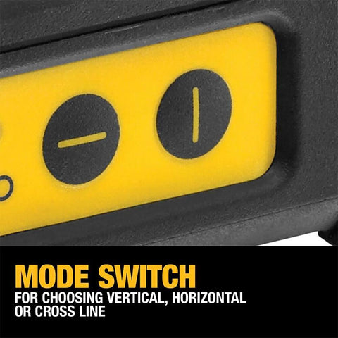 Close-up of mode switch on compact self leveling red cross line laser with options for vertical, horizontal, and cross line.