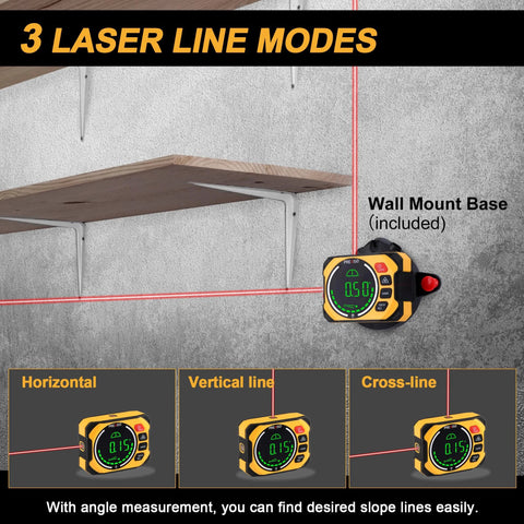 Three In One Digital Laser Level With Magnetic Wall Mount Base And Digital Angle Gauge For Woodworking And Home Improvement Cross Line Laser with wall mount and multiple line modes displayed.