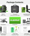 Package contents including 4D 360° self leveling laser level, motorized base, hard case, battery, charger, and accessories