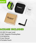 Package contents of Laser Level, 100Ft Self Leveling Green Cross Line Laser with pouch, base, batteries, and manual