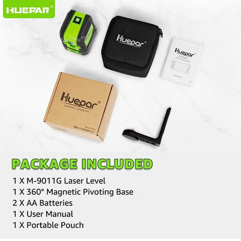 Package contents of Laser Level, 100Ft Self Leveling Green Cross Line Laser with pouch, base, batteries, and manual