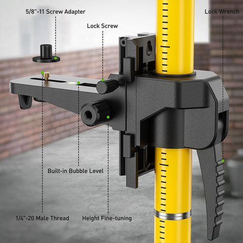 Close-up of adjustable mount on 12 Foot Telescoping Laser Level Pole with Tripod for Rotary and Line Lasers, showing screw adapter.
