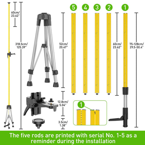 12 Foot Telescoping Laser Level Pole With Tripod For Rotary And Line Lasers Adjustable Height Mount Includes rods and adapter