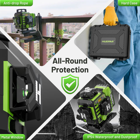 Effortlessly align rooms with this 4D 360° self leveling laser level featuring a motorized base, Bluetooth app control, and a carrying case