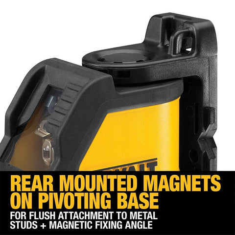 Compact Self Leveling Red Cross Line Laser with rear mounted magnets on a pivoting base for flush attachment to studs.