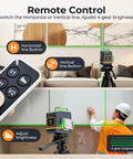 Laser Level Self Leveling 3x360 Degree Green Cross Line in use with remote, showing wall alignment and brightness control options.