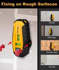 Compact 2-in-1 Line Laser Level with Magnetic Stud Finder on painted wall with push pins, vertical laser, and bubble vials visible