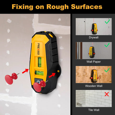 Compact 2-in-1 Line Laser Level with Magnetic Stud Finder on painted wall with push pins, vertical laser, and bubble vials visible