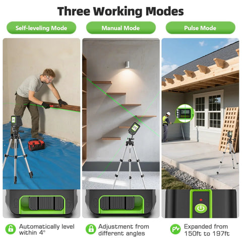 Self Leveling Laser Level With 40 Inch Tripod For Precise DIY Projects showing three modes: self-leveling, manual, pulse.
