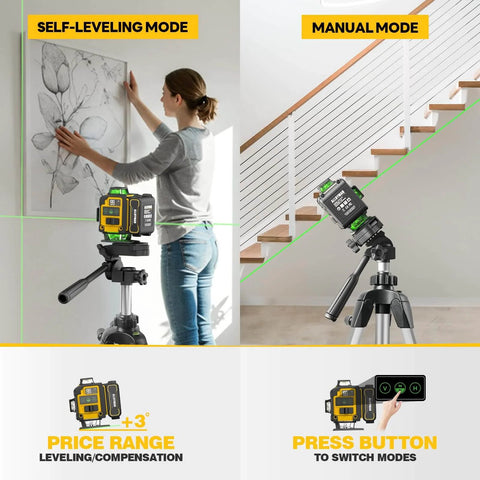 Laser Level with Tripod, Alloyman 4x360° Self Leveling Laser Level in use, showing green lines on wall for picture hanging and stair alignment.