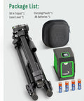 Laser Level With 50 Inch Tripod 360 Degree Self Leveling Cross Line Green Beam For Horizontal And Vertical Alignment For Hanging Pictures Tile Work And Home Renovation IP54 Battery Powered With 4 AA Batteries And Carry Pouch shown with contents including tripod, case, and batteries.