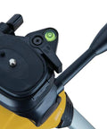 Close-up of lightweight aluminum laser level tripod with 1/4-20 mount, showing tilting head and integrated level.