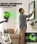 Laser Level With Tripod Kit Self Leveling 98Ft Bright Green Cross Line For Precise Picture Hanging Tile Alignment and Home Renovation Indoor Projects Includes Carrying Bag and Battery used by man aligning picture on wall