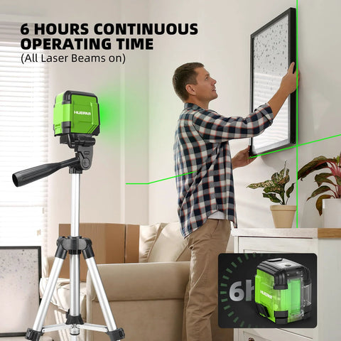 Laser Level With Tripod Kit Self Leveling 98Ft Bright Green Cross Line For Precise Picture Hanging Tile Alignment and Home Renovation Indoor Projects Includes Carrying Bag and Battery used by man aligning picture on wall
