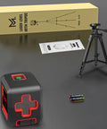 Cross Line Laser Level With Tripod Kit For 100 Ft Range Green Laser Self Leveling And Pulse Mode IP54 Waterproof Four Brightness Levels Three Way Adjustable Tripod Includes Carrying Bag For Indoor Outdoor Cabinet Hanging Tile And Cabinet Installations displayed with tripod, batteries, and instructions