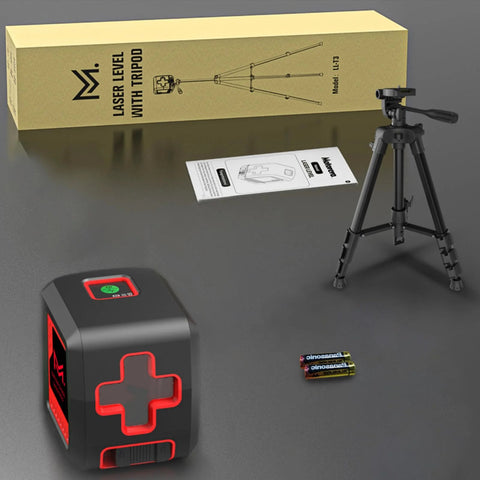 Cross Line Laser Level With Tripod Kit For 100 Ft Range Green Laser Self Leveling And Pulse Mode IP54 Waterproof Four Brightness Levels Three Way Adjustable Tripod Includes Carrying Bag For Indoor Outdoor Cabinet Hanging Tile And Cabinet Installations displayed with tripod, batteries, and instructions