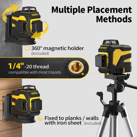 Achieve precise room layouts with a 3x360° green laser level, featuring 12 laser lines on tripod and wall mount options