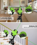Laser Level With Tripod Kit Self Leveling 98Ft Bright Green Cross Line For Precise Picture Hanging Tile Alignment And Home Renovation Indoor Projects Includes Carrying Bag And Battery displayed in self-leveling and manual modes.