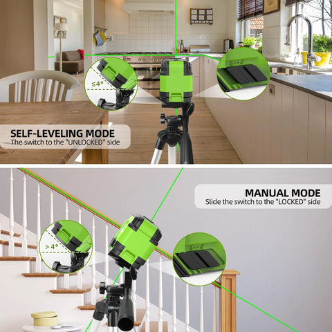Laser Level With Tripod Kit Self Leveling 98Ft Bright Green Cross Line For Precise Picture Hanging Tile Alignment And Home Renovation Indoor Projects Includes Carrying Bag And Battery displayed in self-leveling and manual modes.