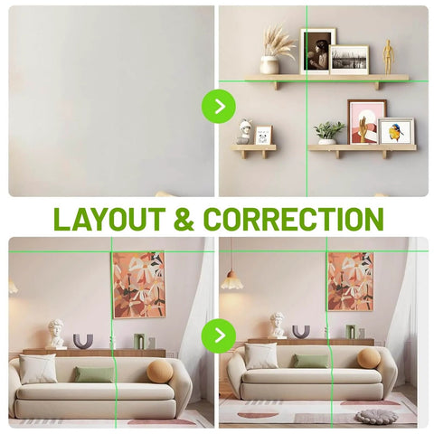 Laser Level, 100Ft Self Leveling Green Cross Line Laser for Picture Hanging, showing before and after wall decoration results.