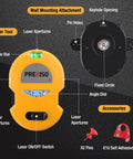 Multi Surface Laser Level With LED Readouts For 30 Ft Range showing parts and accessories including wall mount and pins