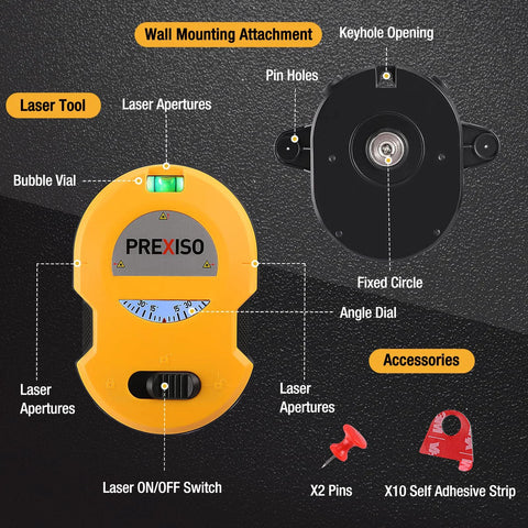 Multi Surface Laser Level With LED Readouts For 30 Ft Range showing parts and accessories including wall mount and pins