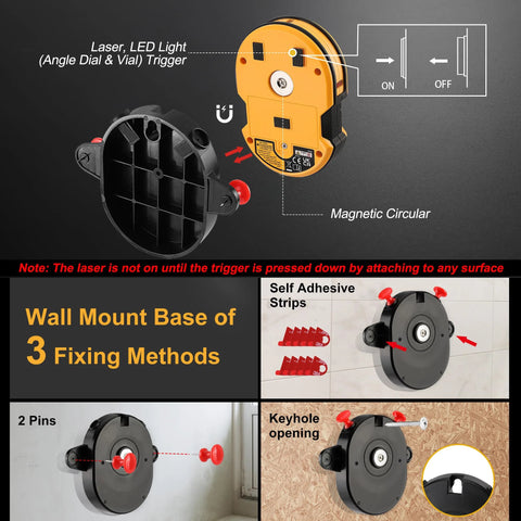 Multi Surface Laser Level With LED Readouts For 30 Ft Range Horizontal And Vertical Line Projection Wall Mount Base installation
