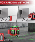Laser Level 360 Self Leveling with Tripod,WEIDDW 4D Lazer Level charge options, shows two charging methods and product in use.