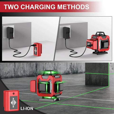 Laser Level 360 Self Leveling with Tripod,WEIDDW 4D Lazer Level charge options, shows two charging methods and product in use.